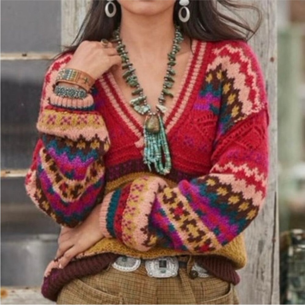 Sundance-Red and Yellow V-Neck Sweater-Fall:Winter